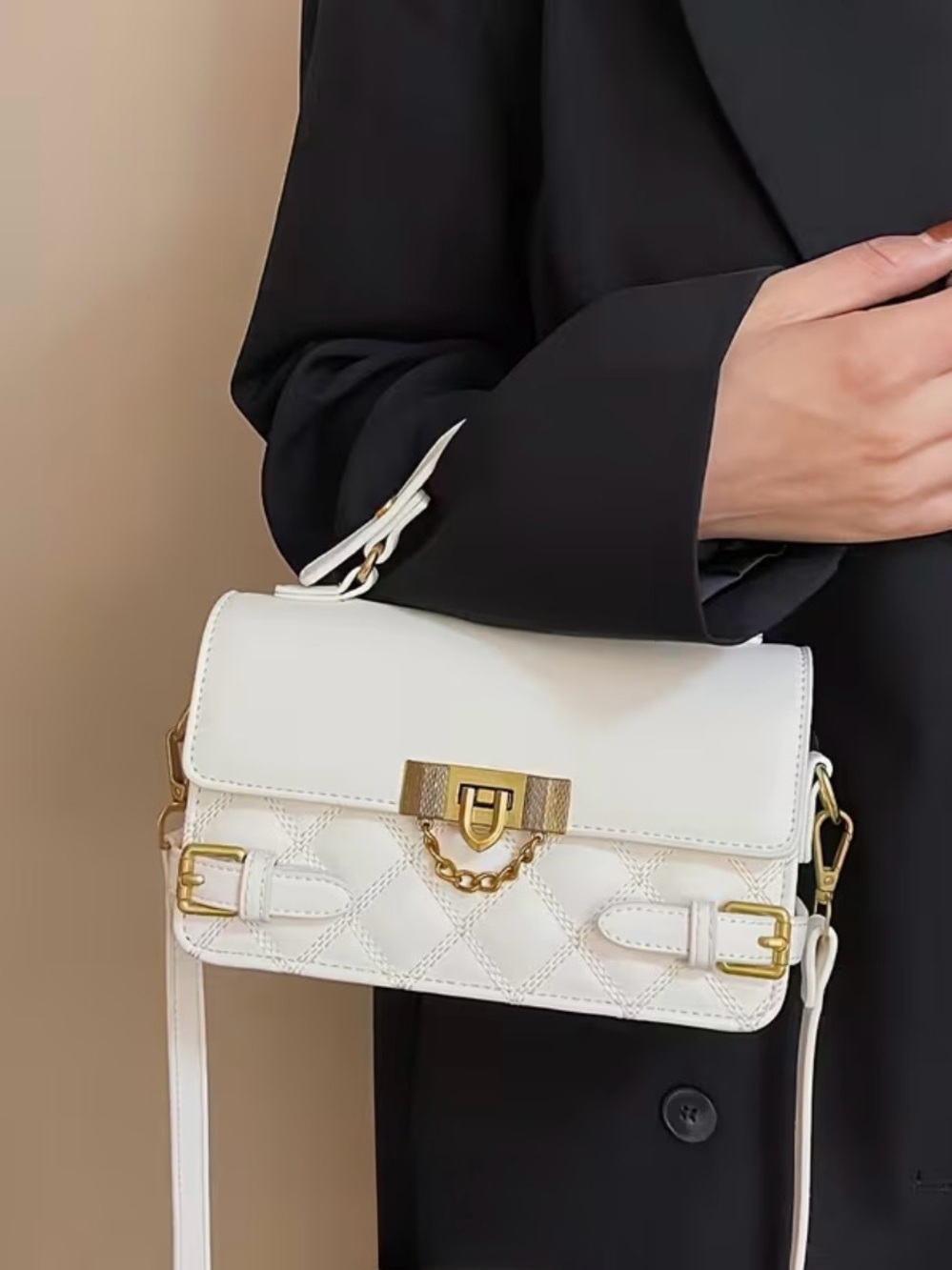 Chic White Quilted Crossbody Bag with Gold Chain Accent